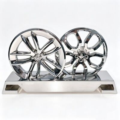 High Gloss Chrome Plated Wheel Rim Sculpture Automotive Logo Desk Ornament Premium Car Decor